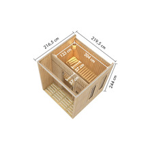 Illustratie van een sauna met maatvoering.