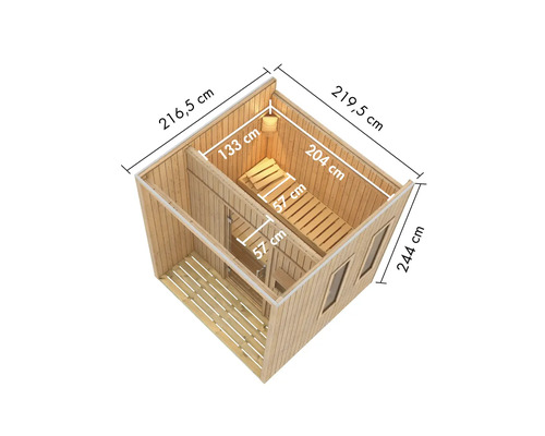 Illustratie van een sauna met maatvoering.