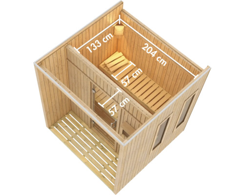 Binnenaanzicht van een houten sauna met de afmetingen 133 bij 204 centimeter