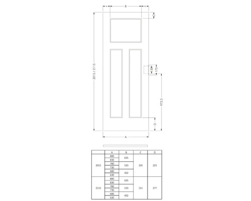 Technische tekening van een deur met afmetingen