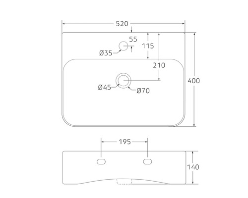 Technische tekening van een opzetwastafel met afmetingen