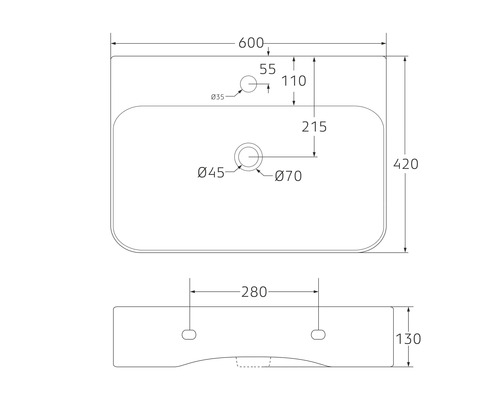 Technische tekening van een wastafel met maatvoering
