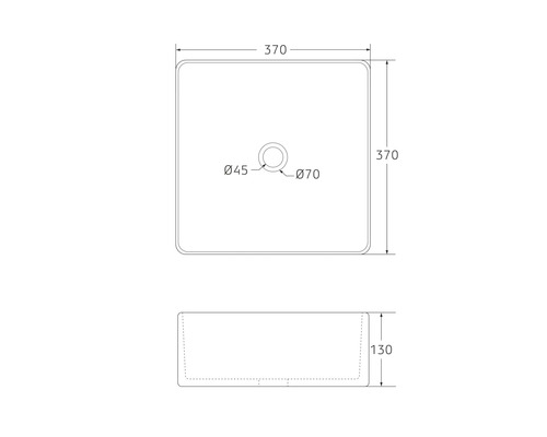 Technische tekening van een opzetwastafel met afmetingen
