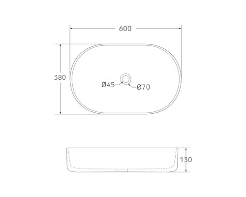 Technische tekening van een opzetwastafel met maatvoering