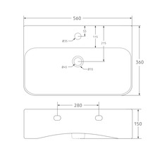 Technische tekening van een wastafel met maatvoering