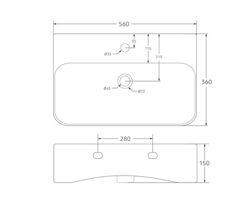 Technische tekening van een wastafel met maatvoering