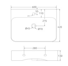 Technische tekening van een wastafel met afmetingen