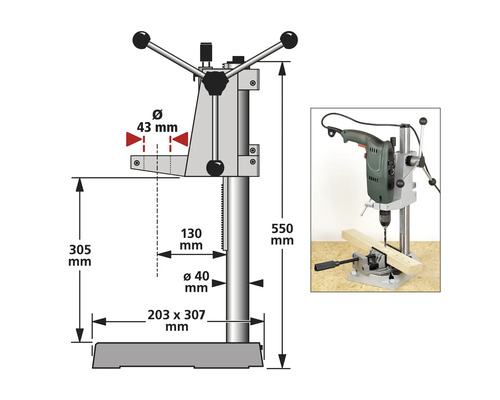 Afbeelding van een boormachine met maatvoering.