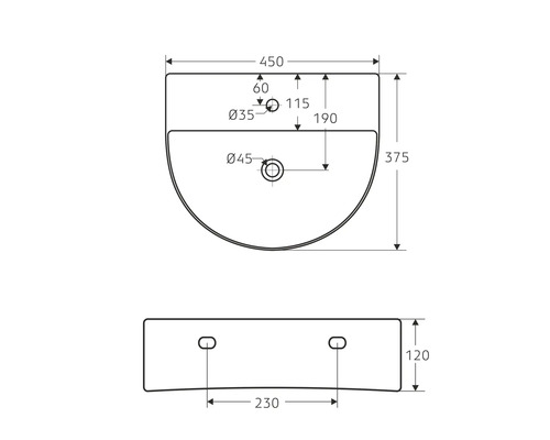 Technische tekening van een wastafel met maatvoering
