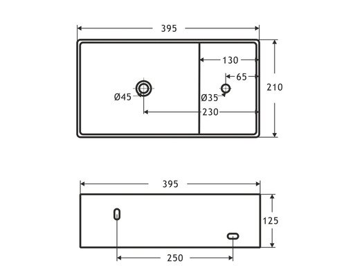 Technische tekening van een wastafel met maatvoering