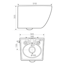 Technische tekening van een wandcloset met maataanduidingen
