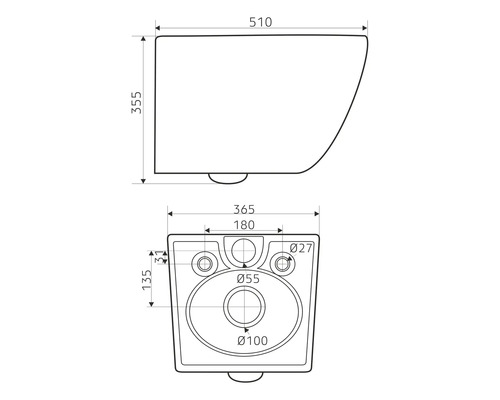 Technische tekening van een wandcloset met maataanduidingen