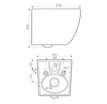 Technische tekening van een wandcloset met maatvoering