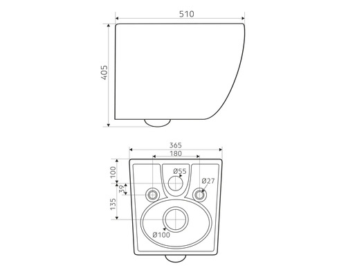 Technische tekening van een wandcloset met maatvoering
