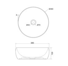 Technische tekening van een opzetwastafel met maatvoering