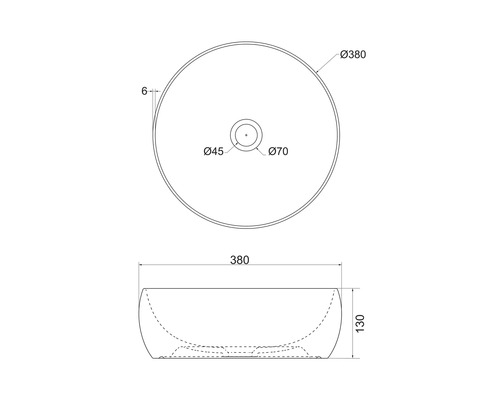 Technische tekening van een opzetwastafel met maatvoering
