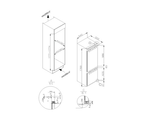 Technische tekening van een inbouwkoelkast met afmetingen