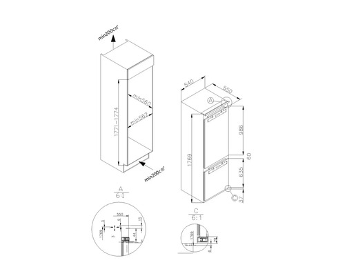 Technische tekening van een koelkast met afmetingen