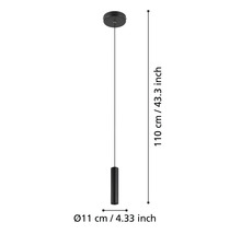 Afbeelding van een hanglamp met maatindicatie: 110 cm lengte, 11 cm diameter