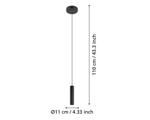 Afbeelding van een hanglamp met maatindicatie: 110 cm lengte, 11 cm diameter