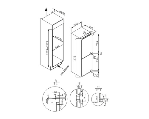 Technische tekening van een keukenkast met afmetingen