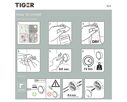Installatie instructies voor Tiger Ace badkameraccessoires met plakband en schroeven