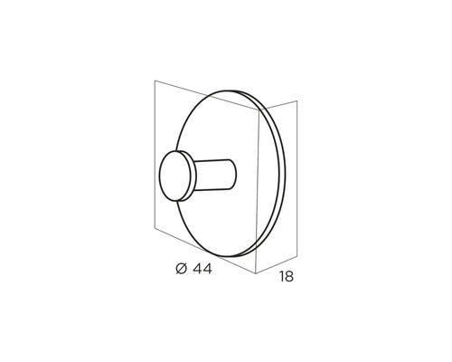 Technische tekening van een kledinghaak met de afmetingen diameter 44 en diepte 18