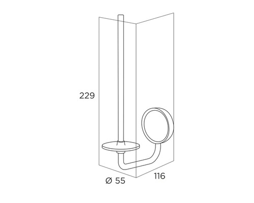 Technische tekening van een toiletborstelhouder met maatvoering