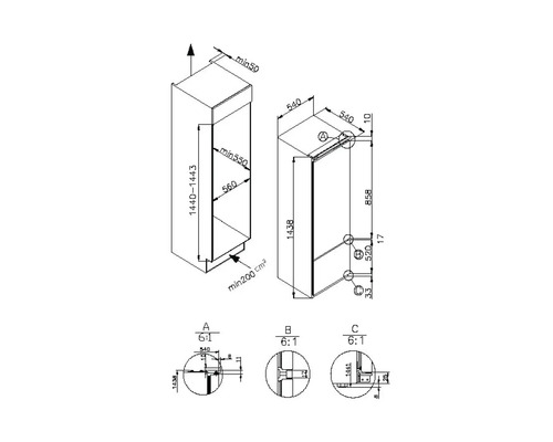 Technische tekening van een hoge kast met maatvoering