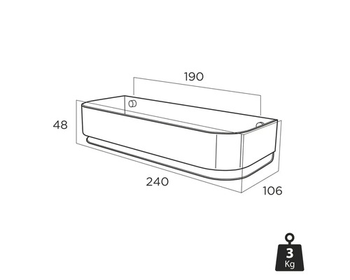 Technische tekening van een wandplank met de afmetingen 190, 240, 106 en 48 millimeter en een gewicht van 3 kilogram.