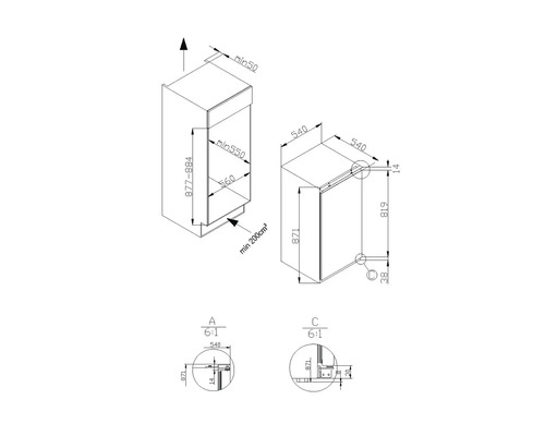 Technische tekening van een keukenkast met afmetingen