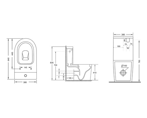 Technische tekening van een toilet met afmetingen