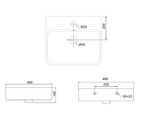 Technische tekening van een wastafel met afmetingen