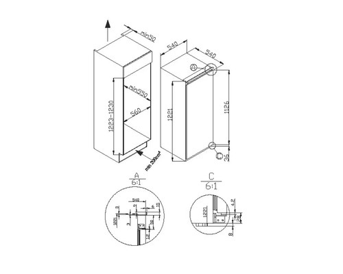 Technische tekening van een keukenkast met afmetingen