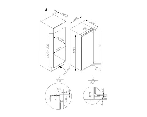 Technische tekening van een keukenkast met afmetingen