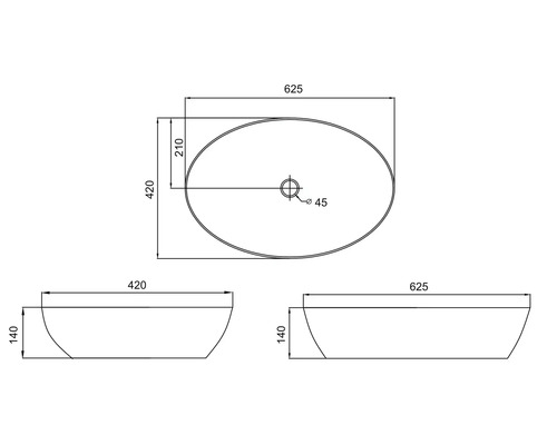 Technische tekening van een opzetwastafel met afmetingen.