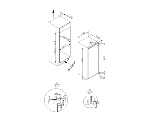 Technische tekening van een keukenkast met afmetingen