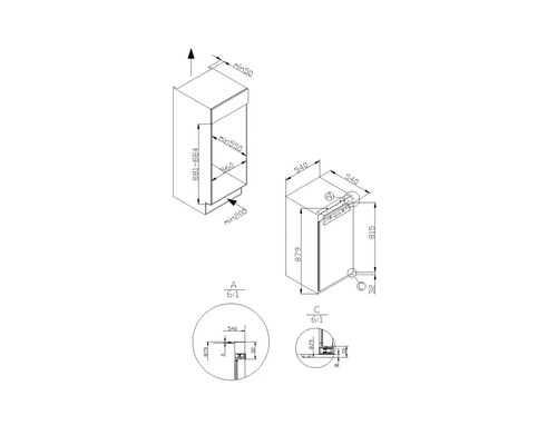 Technische tekening van een keukenkast met afmetingen