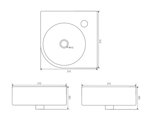 Technische tekening van een wastafel met afmetingen.