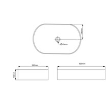 Technische tekening van een opzetwastafel met afmetingen