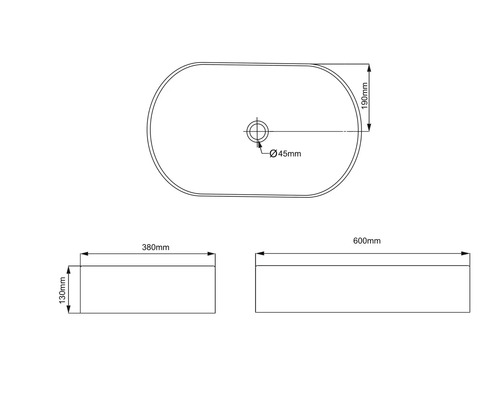 Technische tekening van een opzetwastafel met afmetingen