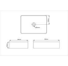 Technische tekening van een opzetwastafel met afmetingen