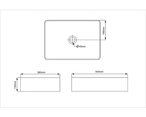 Technische tekening van een opzetwastafel met afmetingen