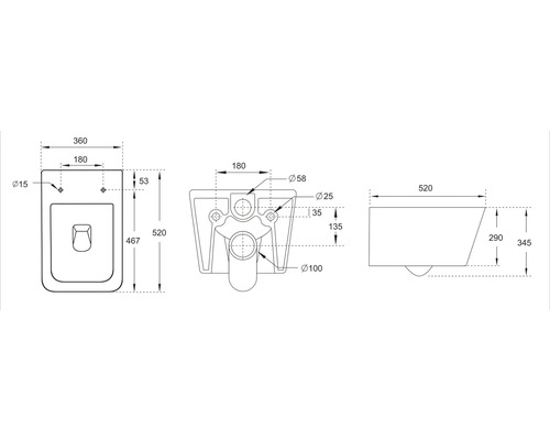 Technische tekening van een wandcloset met afmetingen