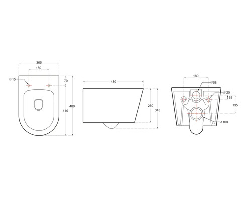 Technische tekening van een wandcloset met afmetingen