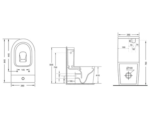 Technische tekening van een staand toilet met afmetingen