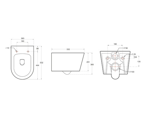 Technische tekening van een wandcloset met maatvoering