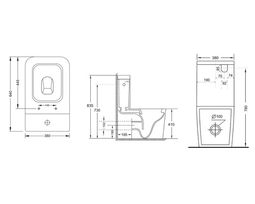 Technische tekening van een staand toilet met afmetingen.