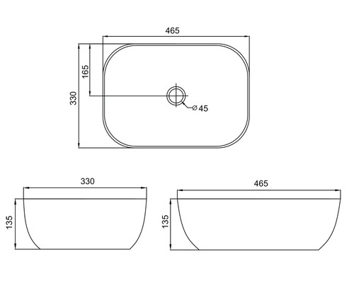 Technische tekening van een opzetwastafel met afmetingen