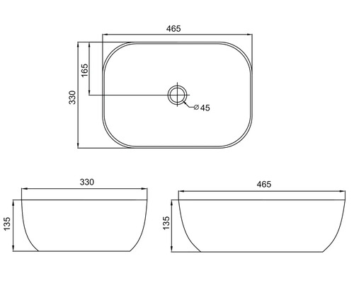 Technische tekening van een opzetwastafel met afmetingen